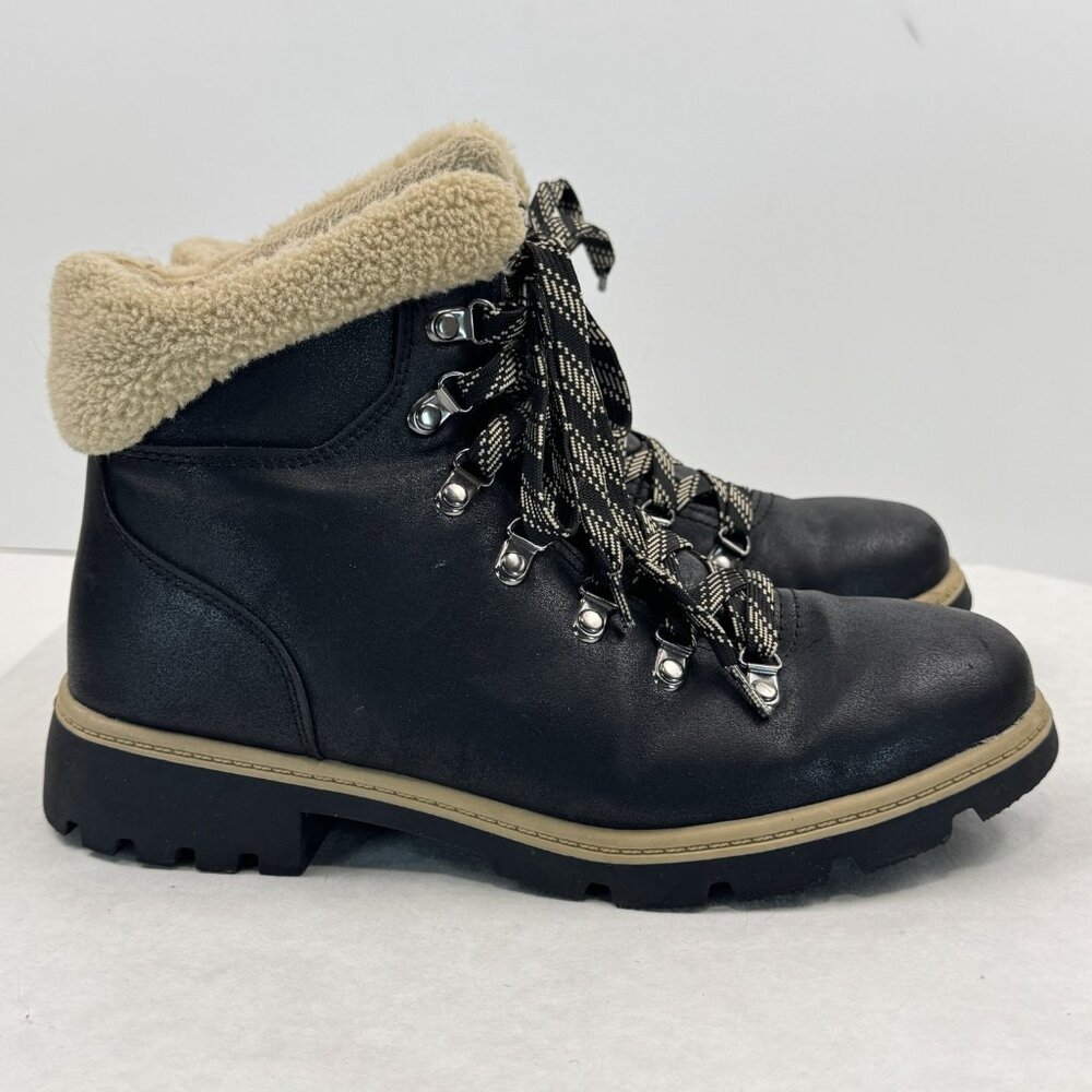 Time Tru Womens Size 8 Black Hiker Ankle Boots Sherpa Trim Lace Up Lug Sole - Picture 3 of 14